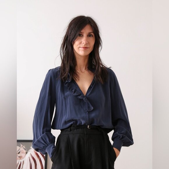 Sezane Chlo Silk Navy Blouse, size 44 - Picture 3 of 14